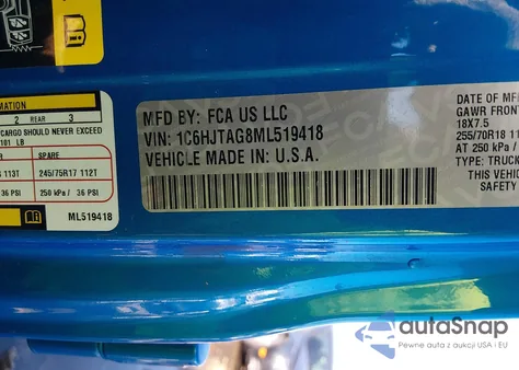 2021 Jeep Gladiator 80Th Anniversary 4X4 from USA, damaged, VIN 1C6HJTAG8ML519418